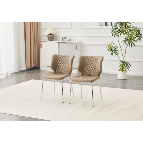 Set of 2 Khaki Crazy Horse Oil Wax Leather Dining Chairs, Electroplated Metal Leg Diamond Tuft High Back Chairs