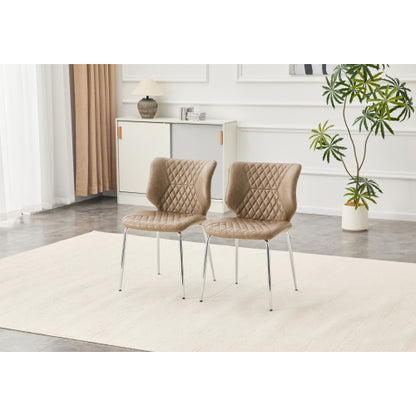 Set of 2 Khaki Crazy Horse Oil Wax Leather Dining Chairs, Electroplated Metal Leg Diamond Tuft High Back Chairs