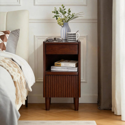 Solid Wood Nightstand with Drawer and Open Shelves, Bedside Storage Table