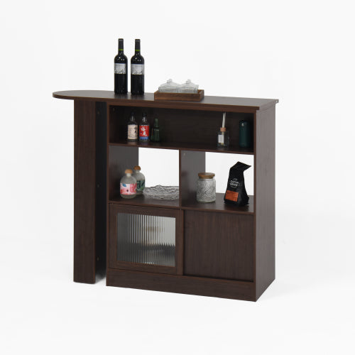 Modern Bar Cabinet with Rotating top, Counter Height Dining Cabinet with 6 Storage space and 2 Ribbed Glass Door for Kitchen, The Rotating Top with 3 Storage Shelves Dining Room, Living Room, Walnut