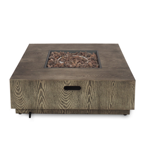 WELLINGTON SQUARE IRON WOOD PATTERN FIRE PIT -50,000 BTU Tank outside