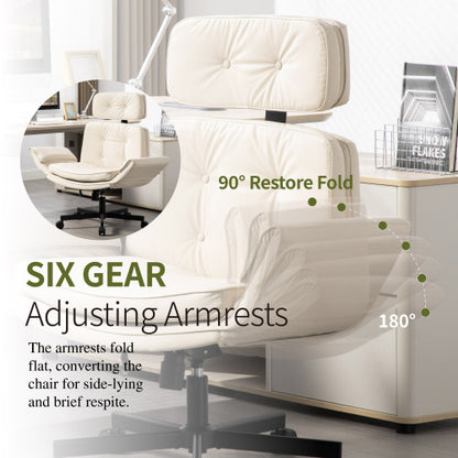 Criss Cross Chair with Adjustable Armrests & Wheels & Headrest, PU Lounge Vanity Desk Chair with Wide Seat for Cross-Legged Sitting, Swivel Task Office Chairs for Home, Makeup, Gaming, Office, Beige