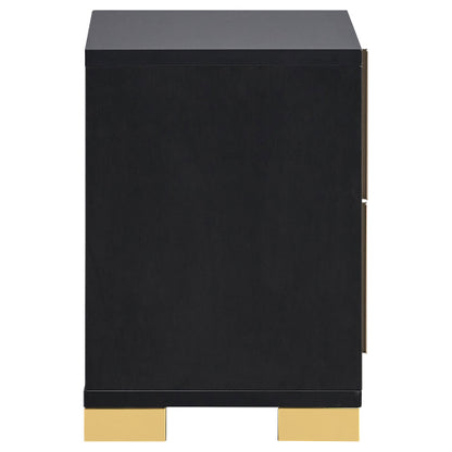 Black 2-Drawer Nightstand with Gold Accents, Modern Art Deco Bedside Table