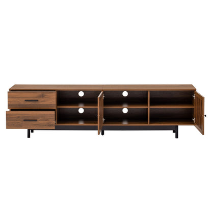 78.7 inch Walnut Slatted Door TV Stand Deep Drawers Solid Rubber Wood Legs Holds 85 inch TV