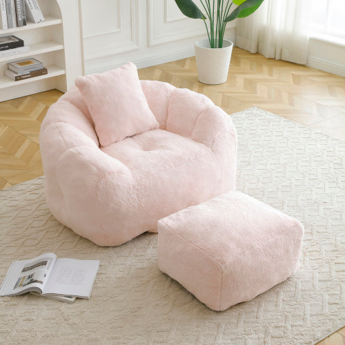 Oversized Shell-Shaped Faux-Fur Giant Bean Bag Chair with Matching Footstool