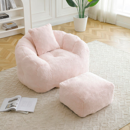 Oversized Shell-Shaped Faux-Fur Giant Bean Bag Chair with Matching Footstool