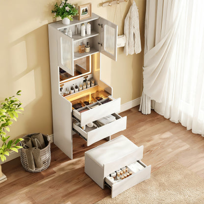 3-in-1 Vanity Table with LED Mirror & Storage Stool, Flip Top Makeup Desk, 5 Storage Spaces, Adjustable Lights, White