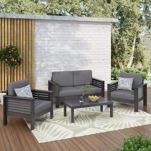 Acacia Wood Outdoor Loveseat and Coffee Table Set with Cushions, Dark Gray