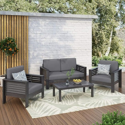 Acacia Wood Outdoor Loveseat and Coffee Table Set with Cushions, Dark Gray