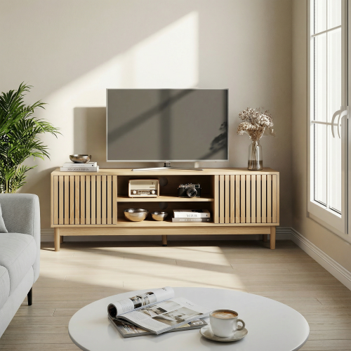 55 Inch Oak Vertical Slat Mid-Century TV Stand Silent Hinge Media Cabinet Fits 65 Inch TV