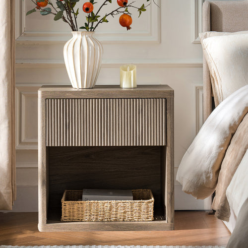 Grey Alder Fluted Nightstand, EPA Certified Engineered Wood Mid-Century Side Table with Drawer & Open Compartment