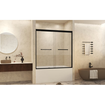 56-60" W × 60" H Tempered Glass with Explosion Proof Film, Aluminum Frame Double Sliding Shower Door, "1/4 (6 mm), Stainless Steel handle, Matte Black
