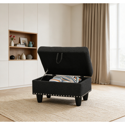 Rectangular Faux Leather Storage Ottoman Bench, Tufted Nailhead Trim Footrest with Hidden Storage Space