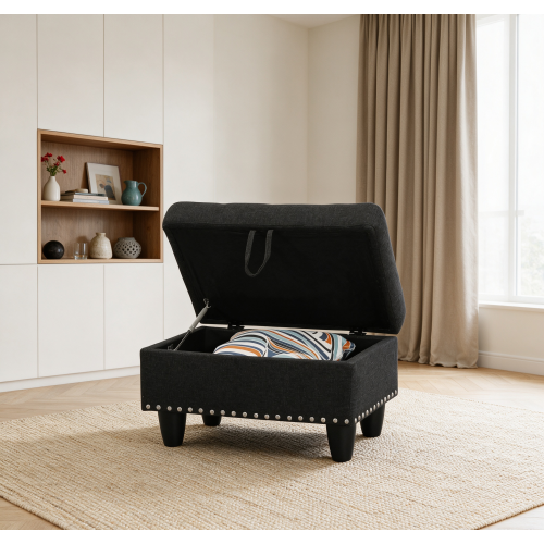 Rectangular Faux Leather Storage Ottoman Bench, Tufted Nailhead Trim Footrest with Hidden Storage Space
