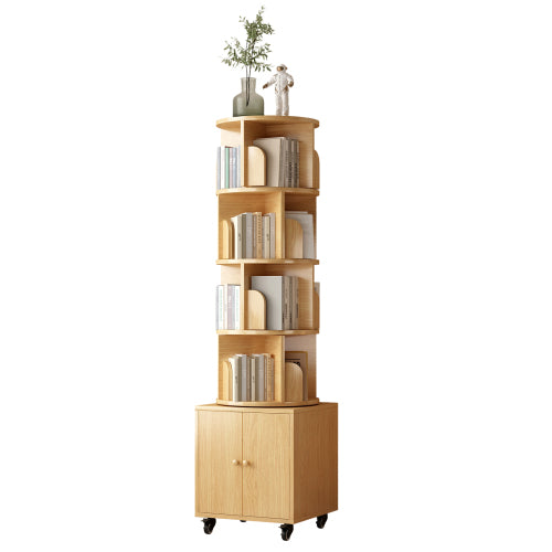 5-Tier Rotating Corner Bookshelf with Double Door Drawer, 360¡ã Revolving Wooden Home Storage Rack