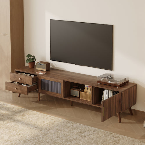 76.7 inch Natural Wood Wave Tempered Glass Door TV Stand Solid Wood Leg Media Console For 85 inch TV