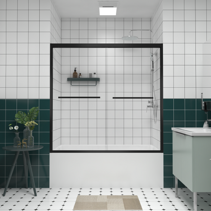 56-60"x58" Aluminum Frame Double Sliding Bathtub Screen,Bypass Bathroom Sliding Door with Premium 1/4" (6mm) Clear Tempered Glass, Black Hardware Sliding Glass Shower Enclosure,Matte Black Finished