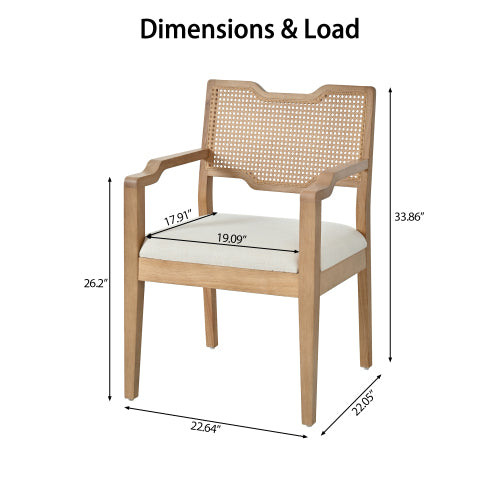 Set of 2 Natural Rubber Wood Farmhouse Rattan Back Arm Dining Chairs, Beige Fabric Upholstered 300 LBS Capacity