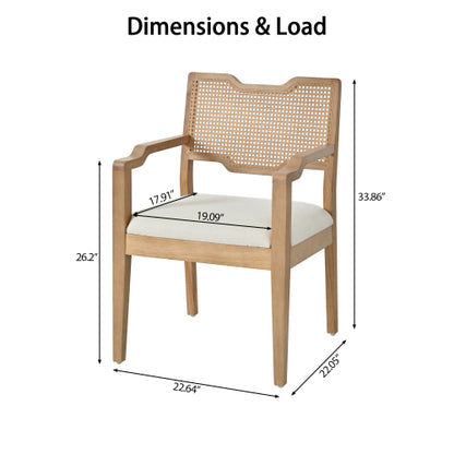 Set of 2 Natural Rubber Wood Farmhouse Rattan Back Arm Dining Chairs, Beige Fabric Upholstered 300 LBS Capacity