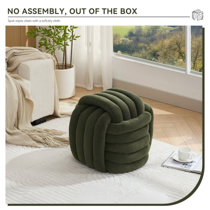 Green Chenille Knot Design Ottoman, Wooden Frame Foot Stool 19.29 inch, 250 LBS Fully Assembled