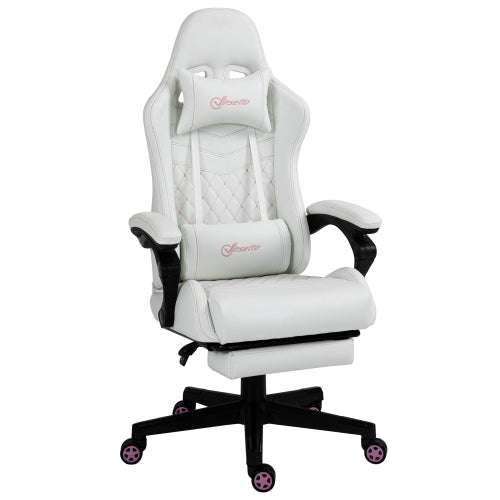 High Back PU Leather Gaming Chair, Racing Computer Chair with Swivel Wheels, Retractable Footrest, Headrest, Lumbar Support, and Armrest, White and Pink