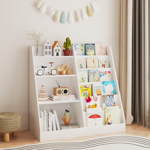 White 4-Tier Multi-functional Kids Wooden Bookshelf, MDF 2-Shelf 1-Bin Toddler Bedroom Storage Organizer