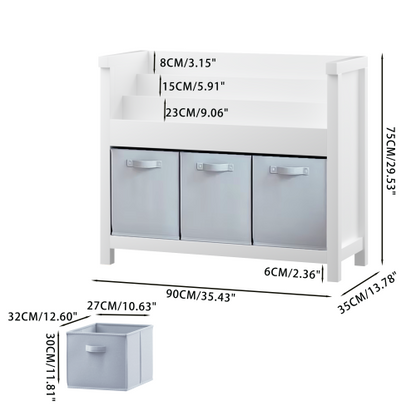 Kids Bookshelf with 3-Tier Front Storage and Fabric Toy Bins