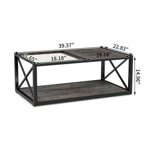 39.37inch  Industrial Coffee Table, Tempered Glass & Wood Grain MDF, X-Frame Metal Base, 220lbs Capacity