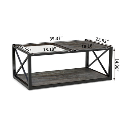 39.37inch  Industrial Coffee Table, Tempered Glass & Wood Grain MDF, X-Frame Metal Base, 220lbs Capacity