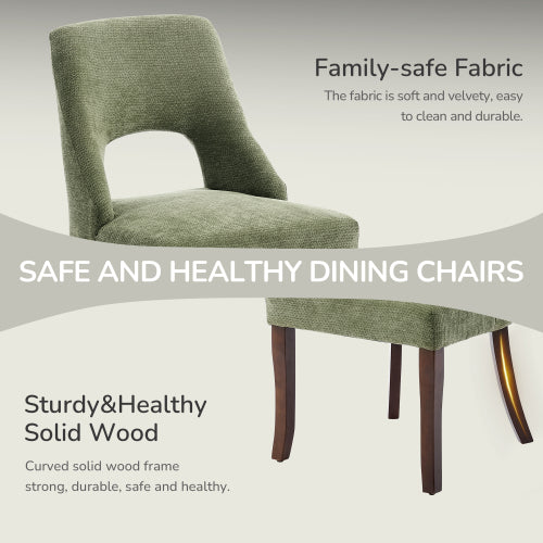 Set of 2 Green Tufted Chenille Dining Chairs, Curved Rubberwood Legs 300lbs Capacity Space Saving Design