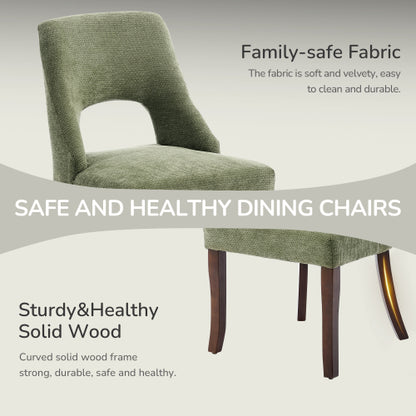 Set of 2 Green Tufted Chenille Dining Chairs, Curved Rubberwood Legs 300lbs Capacity Space Saving Design