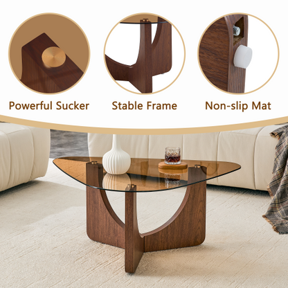 Triangular Tea-Colored Tempered Glass Coffee Table, Walnut MDF Legs