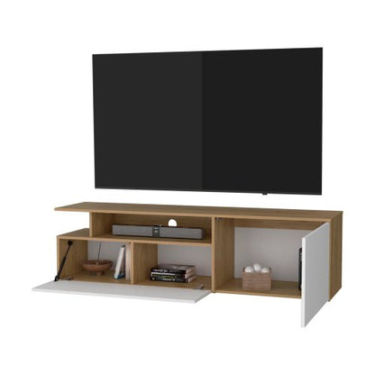 Natural Oak and White 63 inch TV Stand with Drop-Down Door Storage