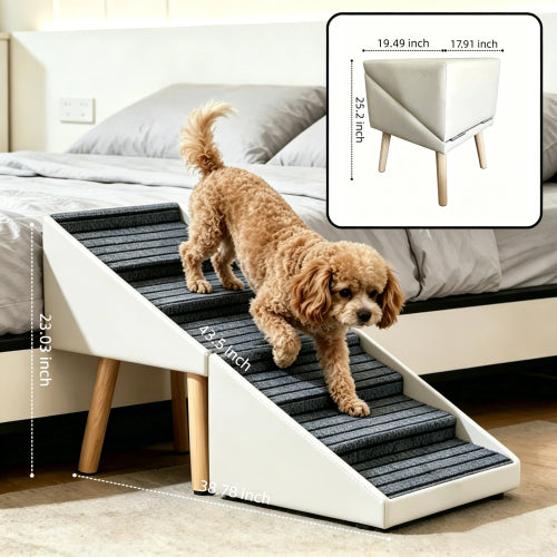 Beige 2-in-1 Foldable Dog Stairs Ottoman, 6 Step Pet Ramp 25.2 inch, Foldable Footrest for All Dog Sizes