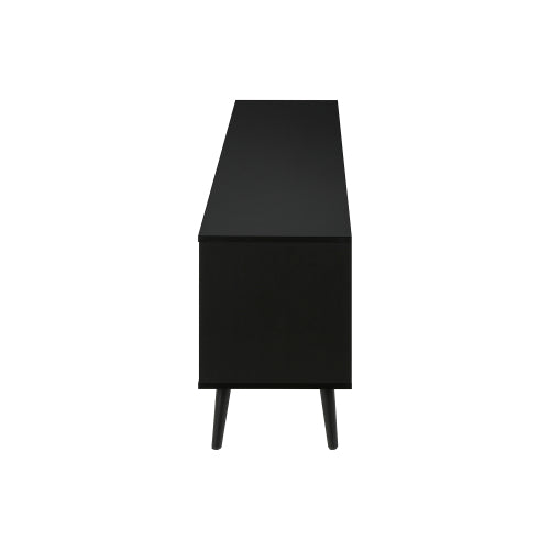 72 Inch Brown Black Grooved TV Stand with Black Wood Legs & Dual Cable Holes