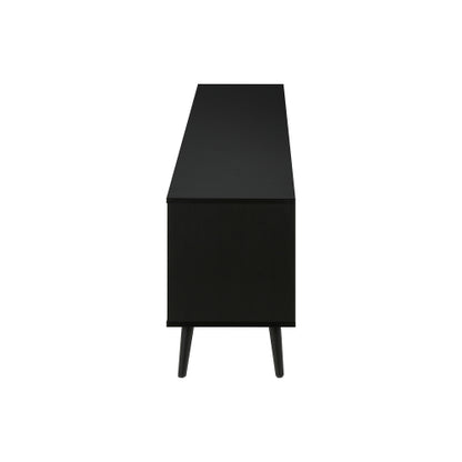72 Inch Brown Black Grooved TV Stand with Black Wood Legs & Dual Cable Holes