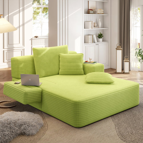 Green Oversized Plush Corduroy Chaise Lounge Convertible Sleeper Sofa-Bed w/Storage Pockets & 3 Pillows