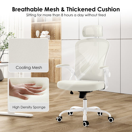 Ergonomic Office Chair, Home Office Desk Chair with Headrest, High Back Computer Chair with Armrests and Adjustable Lumbar Support for Home Office Study Room,White & White