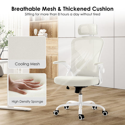 Ergonomic Office Chair, Home Office Desk Chair with Headrest, High Back Computer Chair with Armrests and Adjustable Lumbar Support for Home Office Study Room,White & White