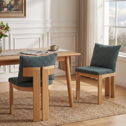 Set of 2 Green Boucle Fabric Dining Chairs, Rubber Wood Frame 250lbs Weight Capacity