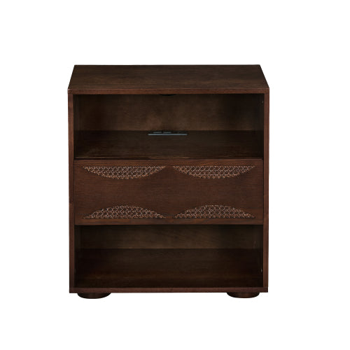 Mid Century Modern Rattan Nightstand with Charging Station USB Ports & Outlet Hole & 4 Solid Wood Bases, Farmhouse End Table with Open Space and Drawer Dresser, Walnut