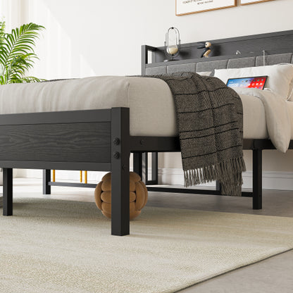 Full Size Bed Frame, Storage Headboard with Charging Station, Solid and Stable, No Box Spring Needed, Easy Assembly