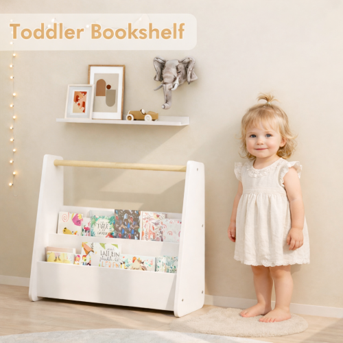 Kids Front-Facing Bookshelf with Wooden Handle 2-Tier White