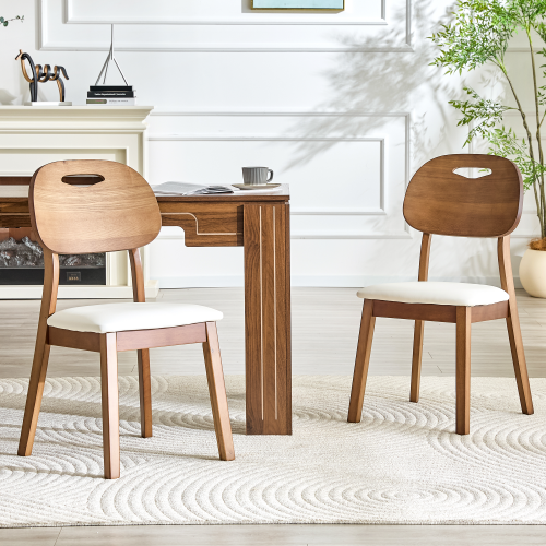 Set of 2 Walnut Solid Wood Dining Chairs, Curved Hollow Back with White PU Cushion
