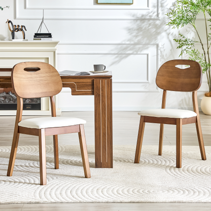 Set of 2 Walnut Solid Wood Dining Chairs, Curved Hollow Back with White PU Cushion