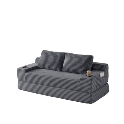 70.8-inch corduroy two-in-one sofa bed, featuring a lounge chair with two throw pillows, built-in cup holders in the armrests, and side storage pockets-ideal for living rooms, bedrooms, and relaxation