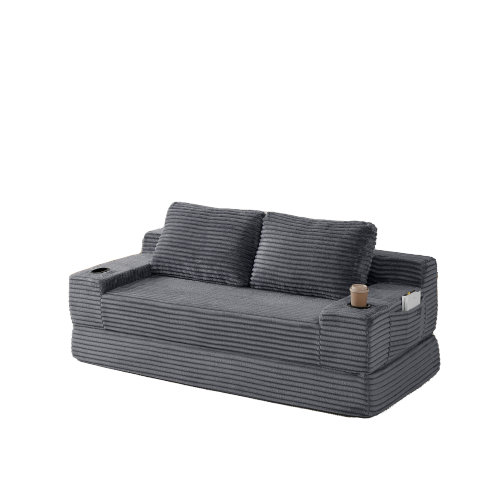 70.8-inch corduroy two-in-one sofa bed, featuring a lounge chair with two throw pillows, built-in cup holders in the armrests, and side storage pockets-ideal for living rooms, bedrooms, and relaxation