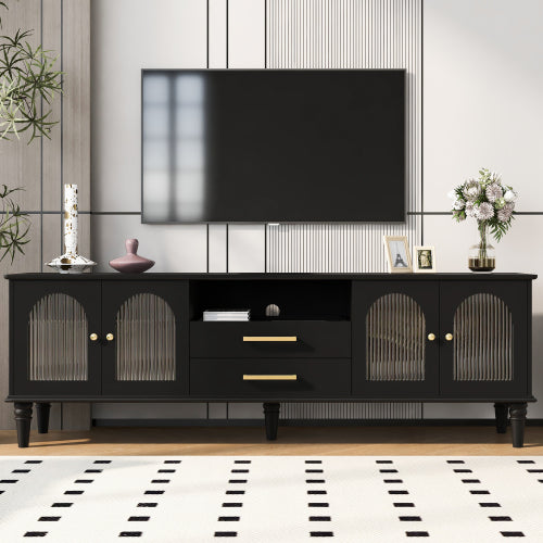 68.9 Inch Retro Fluted Glass TV Stand for 75 Inch TV with 5 Solid Pine Legs