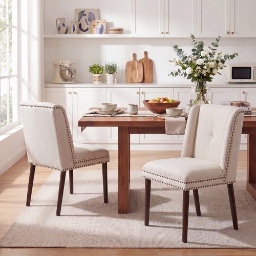 2-Piece Light Luxury Rivet Dining Chairs, Rubber Wood Legs & Fabric Cushion