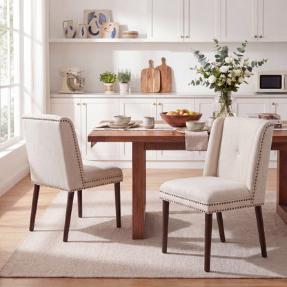 2-Piece Light Luxury Rivet Dining Chairs, Rubber Wood Legs & Fabric Cushion